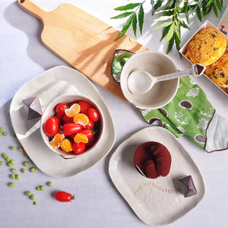 Axya Handmade Stoneware Greenhouse Ceramic Plate Bowl Spoon Set for Kitchen and Dining