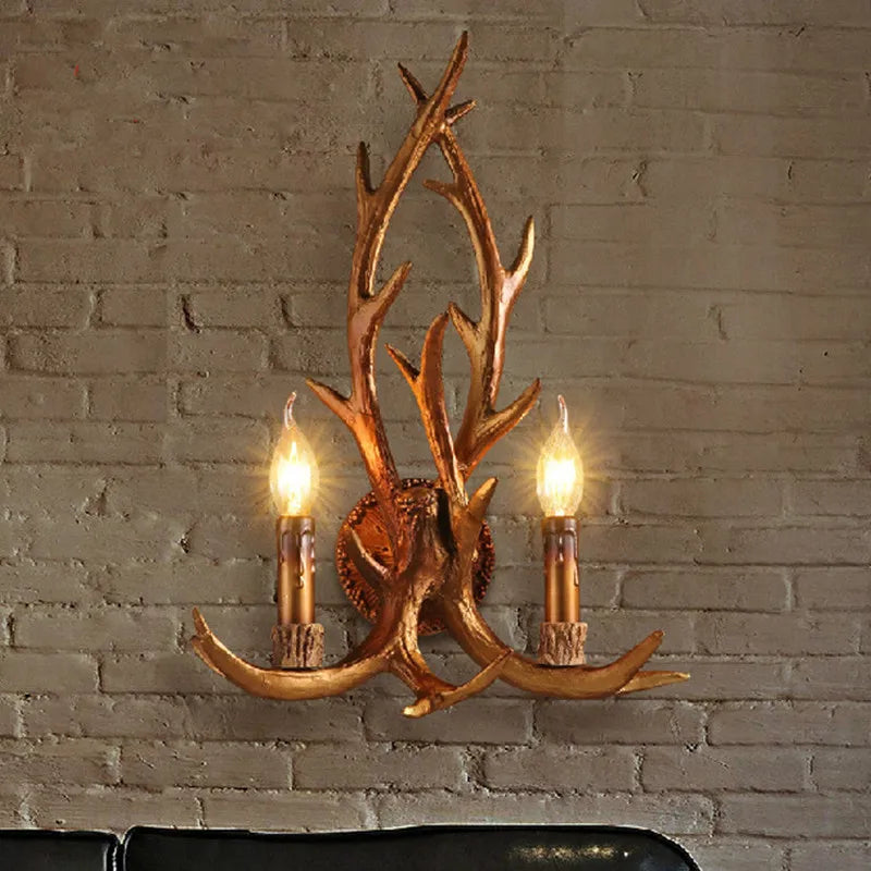 Axyaa Deer Wall Lamp: Rustic Resin LED Candle Sconce with Tree Branch Design