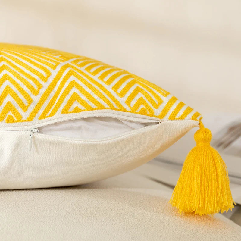 Yellow Geometric Embroidered Cotton Cushion Cover by Axyaa