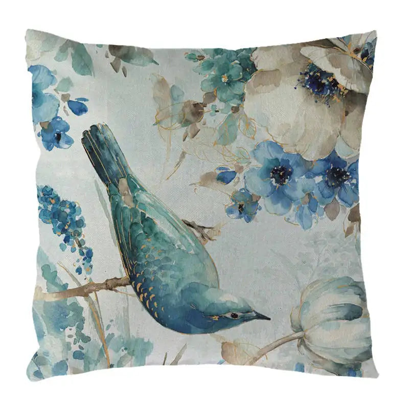 Blue Flowers & Birds Pattern Cushion Cover, Axyaa Home Decor Pillow Case