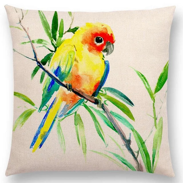 Axyaa Bird Watercolor Cotton Linen Cushion Cover- Hummingbird Goldfinch Chickadee Cardinal Kingfisher