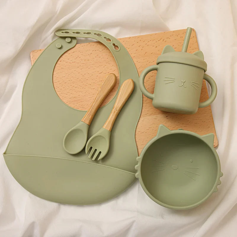 Axya Silicone Baby Tableware Set - Cartoon Cat Design, Anti-Slip, BPA Free