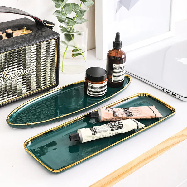 Square Green Ceramic Dinner Plate Gold Porcelain Dessert Bowl Set by Axya