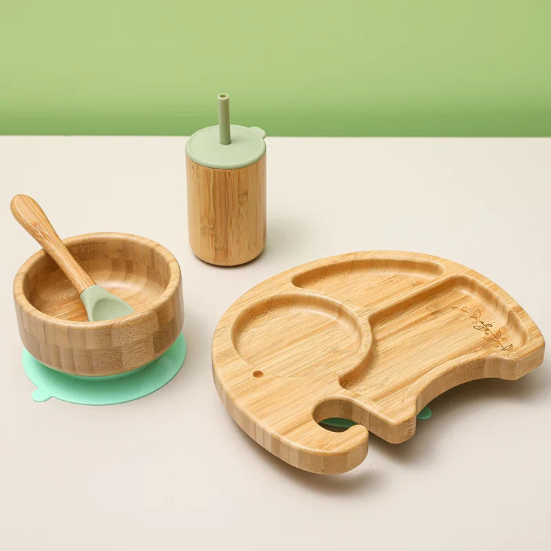 Axya Elephant Wooden Dinner Plate Set with Silicone Suction Cup