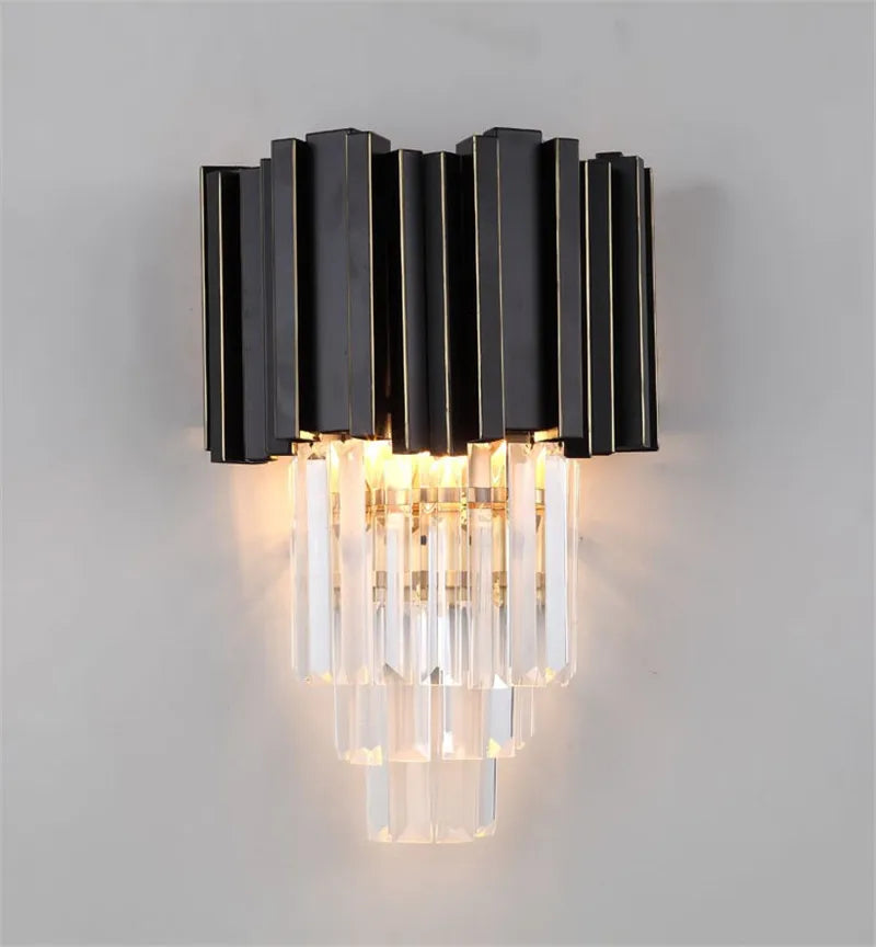 Axyaa Crystal Wall Light: Gold Black Finish Sconce with Modern K9 Crystal Drops