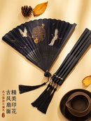 Axya Vintage Tassel Cloth Folding Fan - Chinese Japanese Dance Style