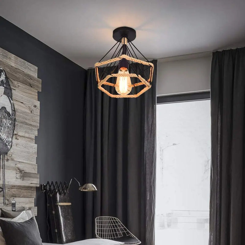 Axyaa Black Iron Industrial Pendant Light, Diamond Shape Cage Design
