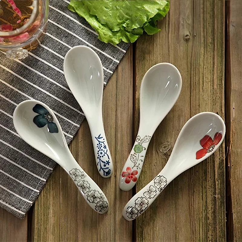 Axya Japanese-style Ceramic Spoon Set Blue Red Flower Soup Scoop Tableware