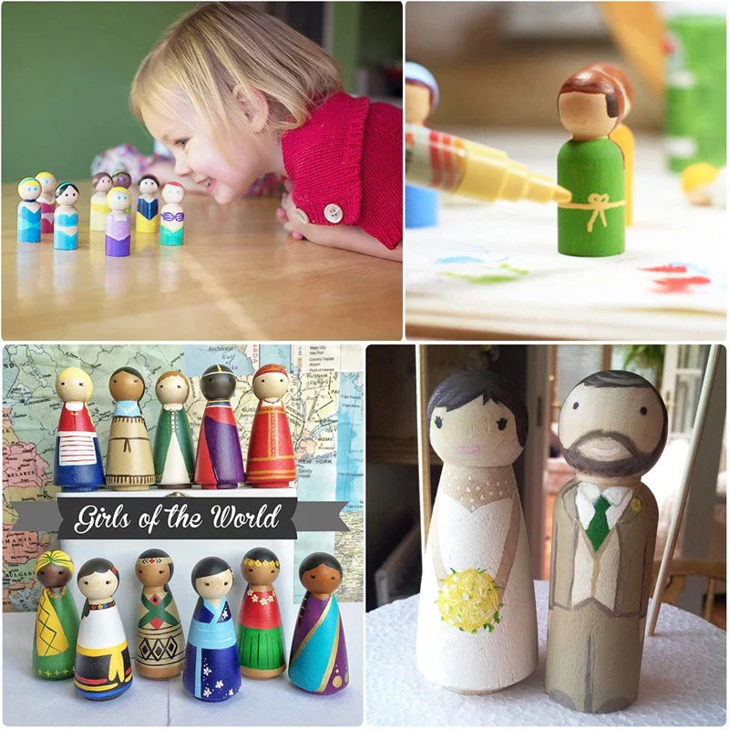 Axya Baby Teether DIY Painting Peg Dolls (Male & Female) - Unfinished Wood Decoration Toys