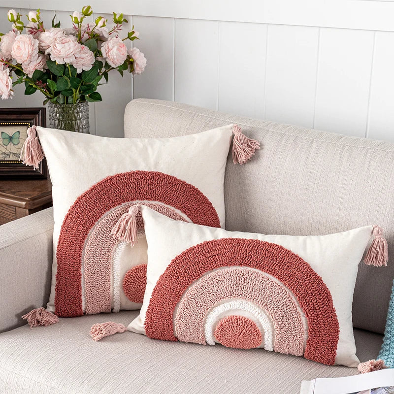 Axyaa Pink Rainbow Tufted Diamond Pillow Cover for Living Room Girls Room