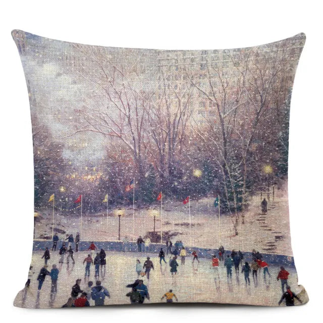 Axyaa City Landscape Oil Painting Cushion Cover | Autumn Winter Art Decor Pillow Case