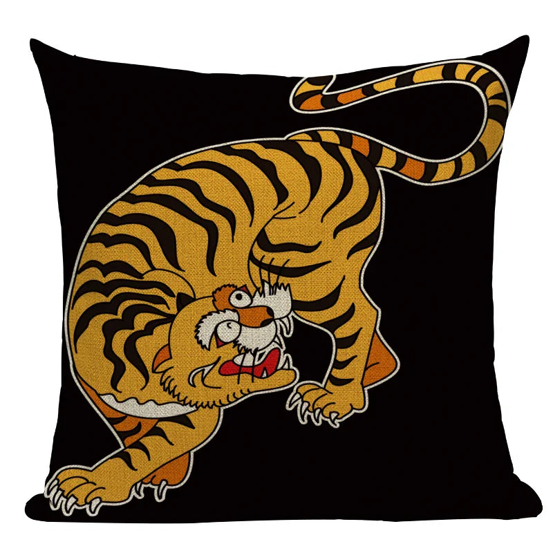 Axyaa Cartoon Tiger Lion Dance Pillow Case Cover for Bed Sofa Decoration