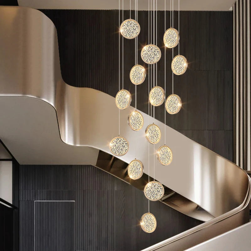 Axyaa Round Acrylic Gold Led Chandelier for Duplex Attic Living and Dining Rooms