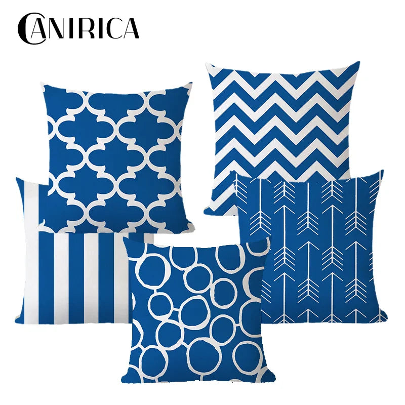 Axyaa Blue Geometric Cotton Linen Pillow Cover for Luxury Home Decor