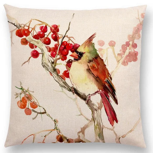 Axyaa Bird Watercolor Cotton Linen Cushion Cover- Hummingbird Goldfinch Chickadee Cardinal Kingfisher