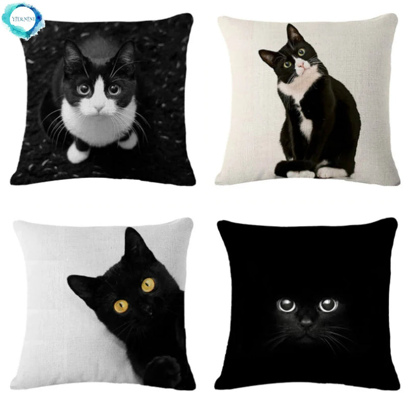 Axyaa Black Cat Cotton Linen Pillow Case for Home Decor - 45X45CM