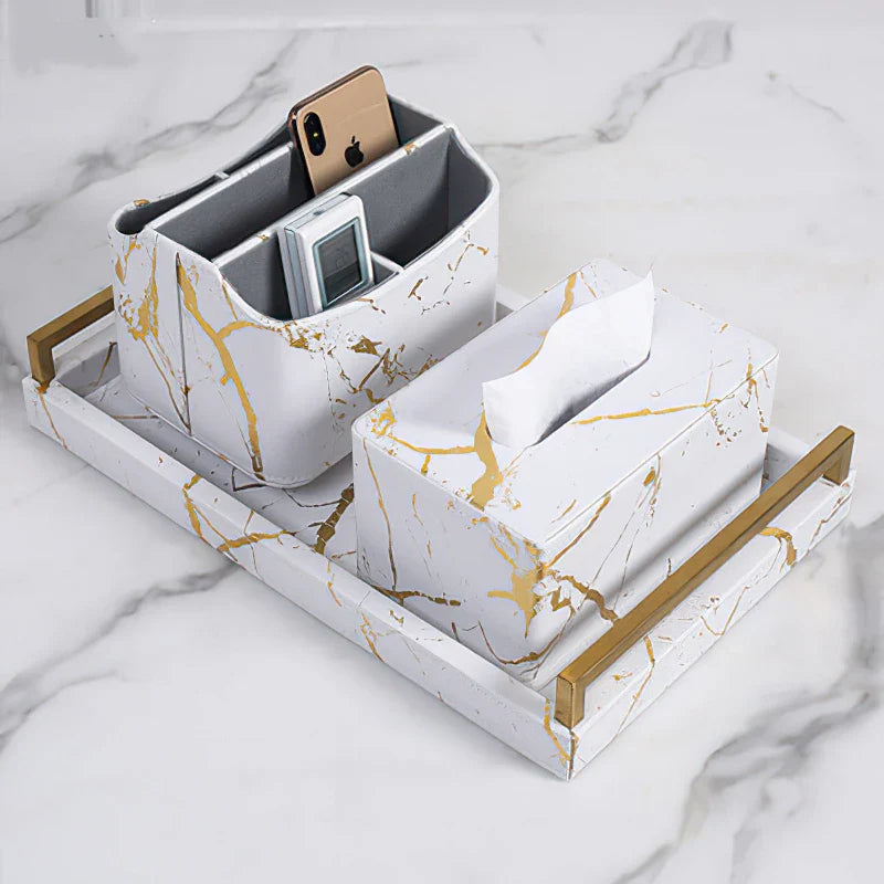 Axya Marbled Leather Tray with Metal Handle - Decorative Home Service Plate
