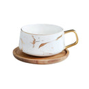 Axyaa 300ml Marble Ceramic Tea Coffee Cups with Wood Saucers, Black White Gold Inlay