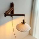 Axyaa Minimalist Walnut Wall Lamps with Retractable Arm & Pleat Lampshade