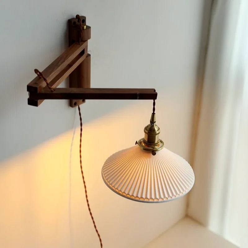 Axyaa Minimalist Walnut Wall Lamps with Retractable Arm & Pleat Lampshade