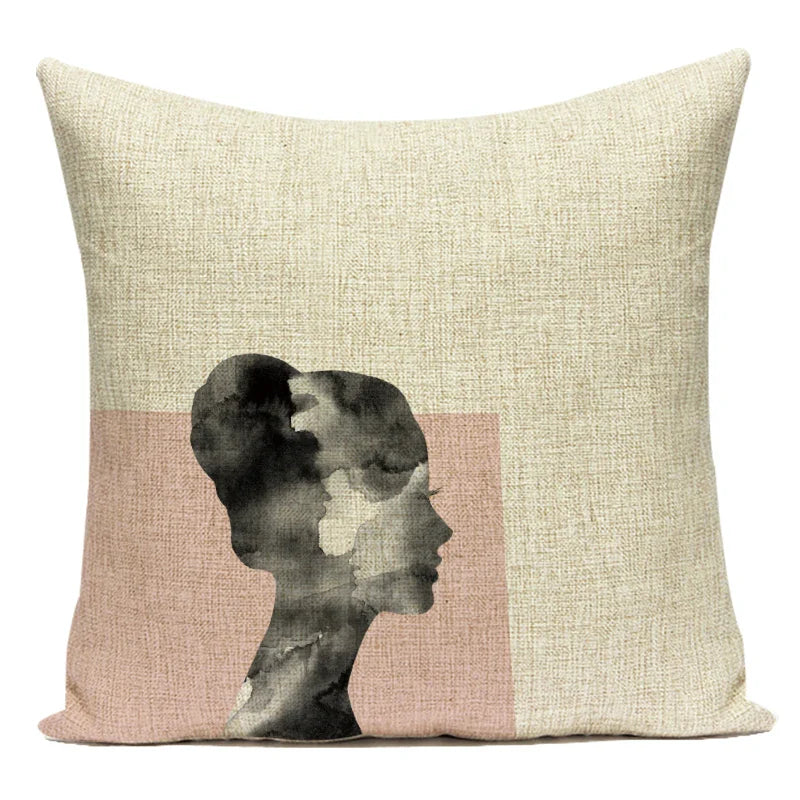Axyaa Retro Art Woman Abstract Linen Cushion Cover Decorative Throw Pillow