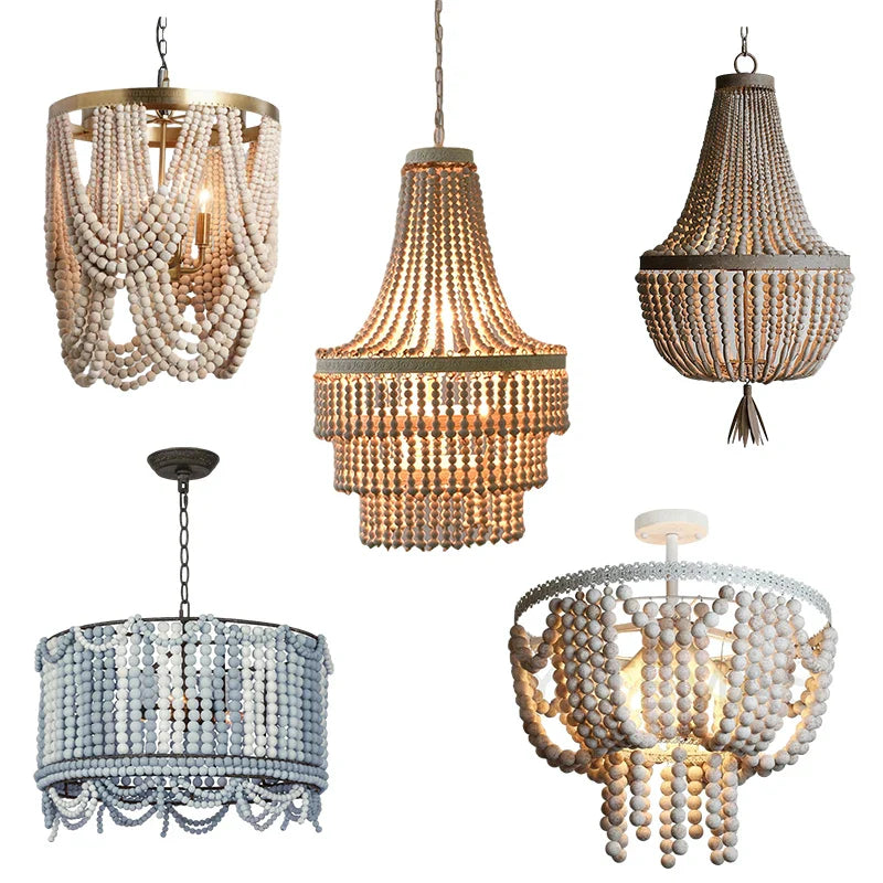 Axyaa Wooden Beaded Chandelier: Fringe Hanging Light for Kitchen, Baby Kids Room, Bedroom
