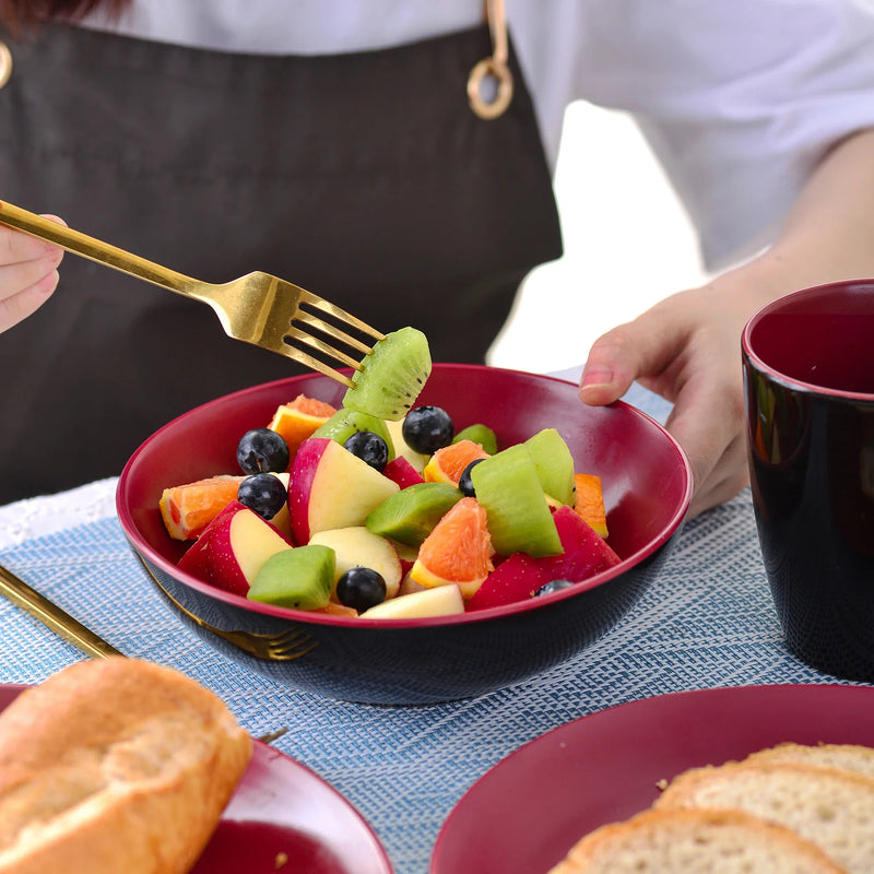 Axya™ Matte Black & Berry Red Stoneware Dinnerware Set - 16/32/48 Pieces