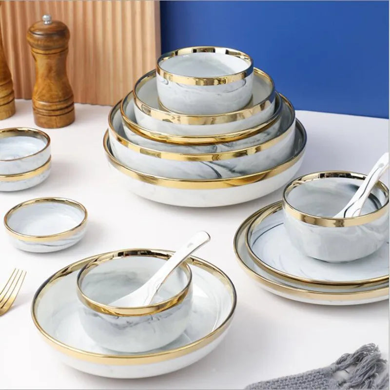 Axya Gray Marble Pattern Porcelain Dinner Tray Set