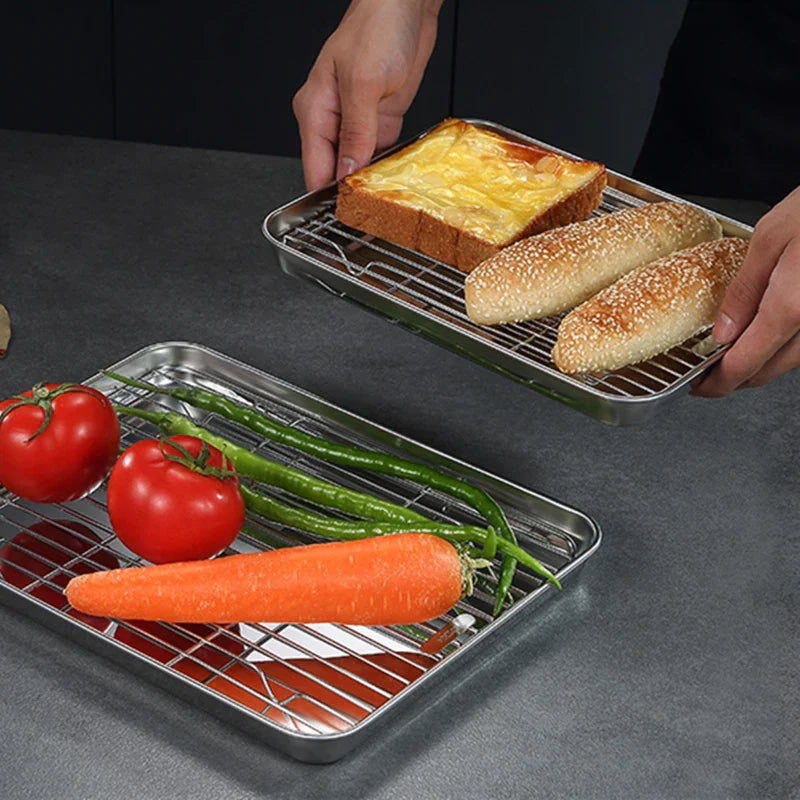 Axyaa Stainless Steel Food Storage Tray and Grid - Bakeware Set for Baking, Cooling, and Serving