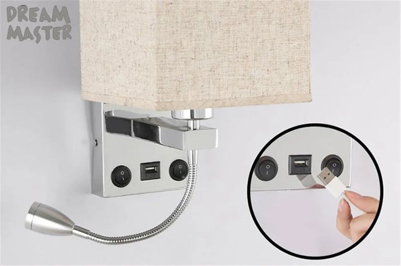 Axyaa Modern Wall Sconce with USB Port, 2 Switches & Fabric Shade LED Reading Lamp