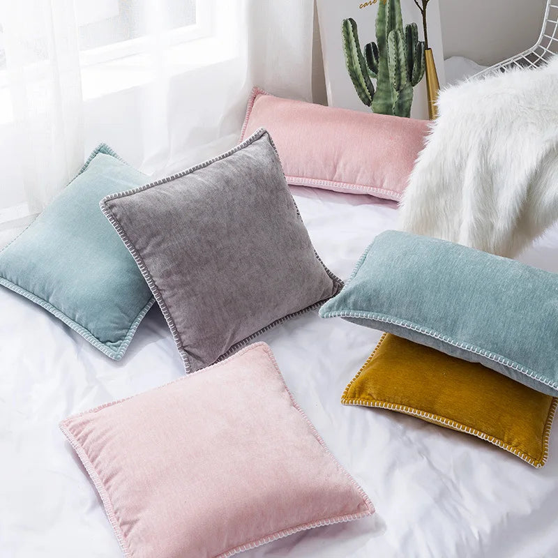 Chenille Cushion Cover with Fringe in Pink Grey Mustard Yellow for Home Sofa Bed Decor 45x45cm
