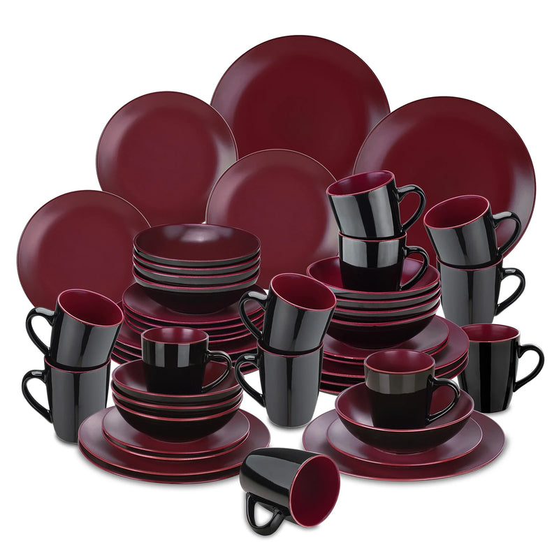 Axya™ Matte Black & Berry Red Stoneware Dinnerware Set - 16/32/48 Pieces