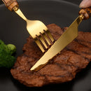 Axyaa Golden Spoon Fork Knife Set | Stainless Steel Wood Handle Tableware