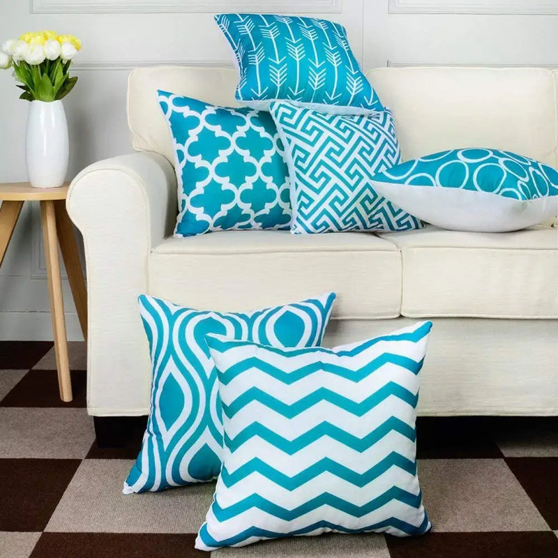 Axyaa Blue Geometric Cotton Linen Pillow Cover for Luxury Home Decor