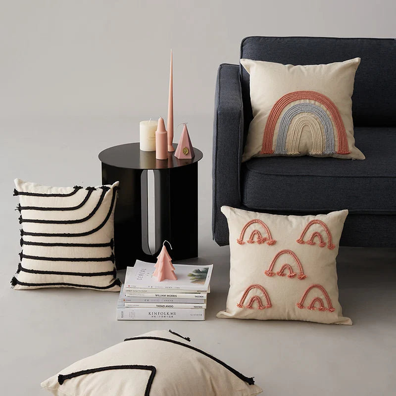 Rainbow Stripe Cushion Cover with Pink Rope Embroidery, 45x45cm, Axyaa