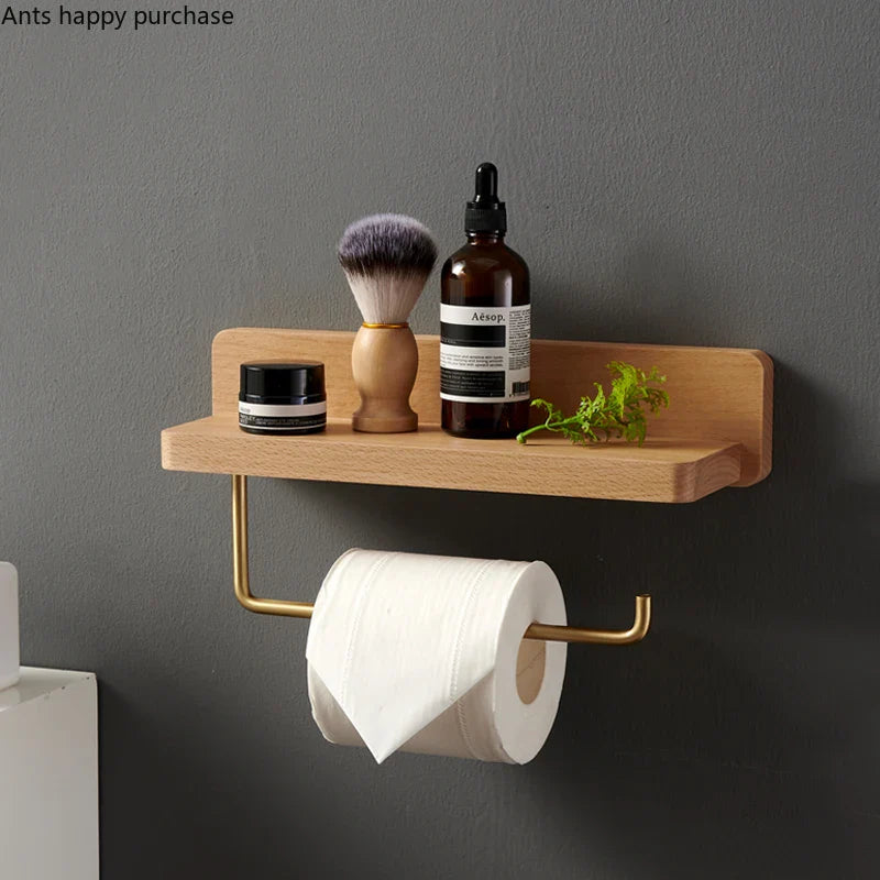 Axya Brass Wood Toilet Roll Holder Shelf Wall Mount Tissue Rack for Bathroom