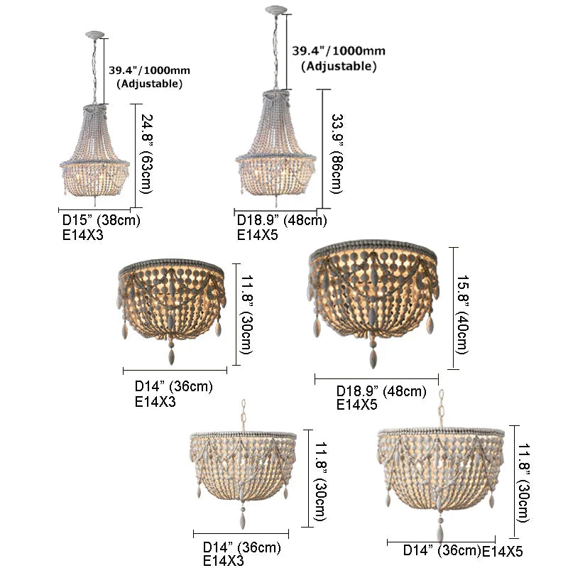 Axyaa Retro Grey Wood Beaded Chandelier 5-Light - Vintage White Wood - Kitchen, Living Room, Bedroom