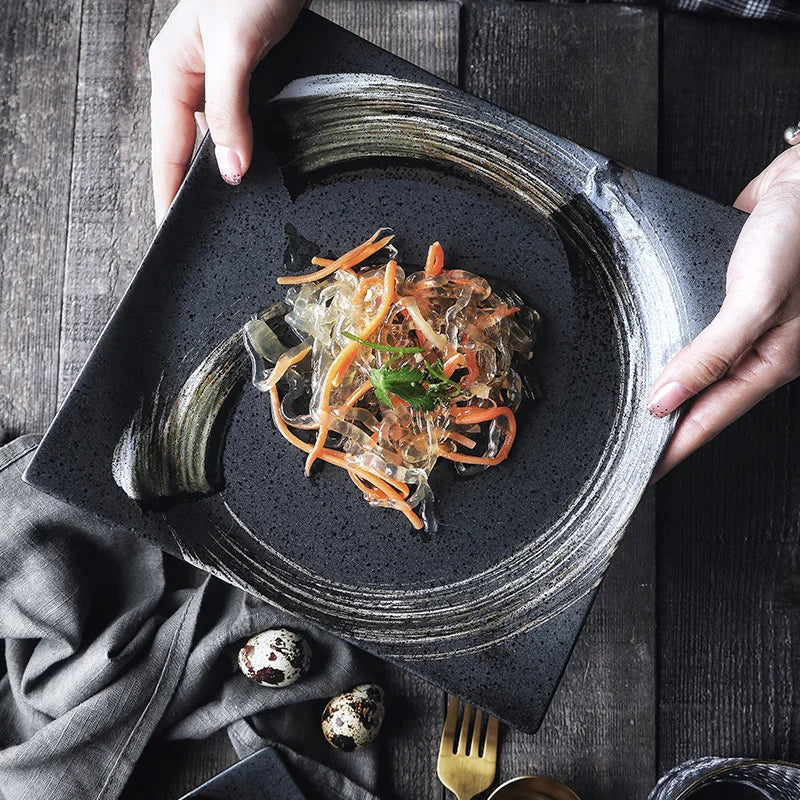 Axya Ceramic Sushi Plate and Rice Bowl Set, Black Matte Design