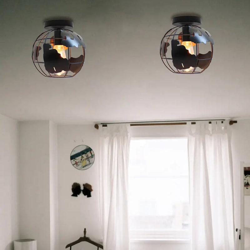 Axyaa World Map Globe Ceiling Light Cage in Modern Metal Wire Loft Design