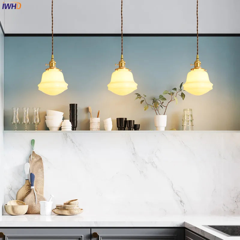 Axyaa White Glass LED Pendant Light: Japanese Style Nordic Modern Copper Hanging Lamp