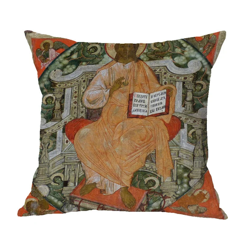 Cotton Linen Christ Pantocrator Icon Pillow Case by Axyaa