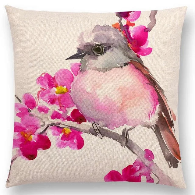 Axyaa Bird Watercolor Cotton Linen Cushion Cover- Hummingbird Goldfinch Chickadee Cardinal Kingfisher