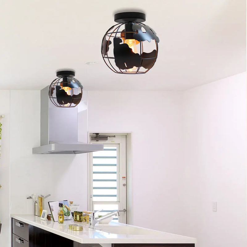Axyaa World Map Globe Ceiling Light Cage in Modern Metal Wire Loft Design