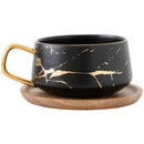 Axyaa 300ml Marble Ceramic Tea Coffee Cups with Wood Saucers, Black White Gold Inlay