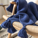 Axyaa Royal Blue Knit Throw Blanket with PomPom Tassels - 50"x62"