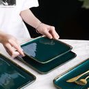 Square Green Ceramic Dinner Plate Gold Porcelain Dessert Bowl Set by Axya