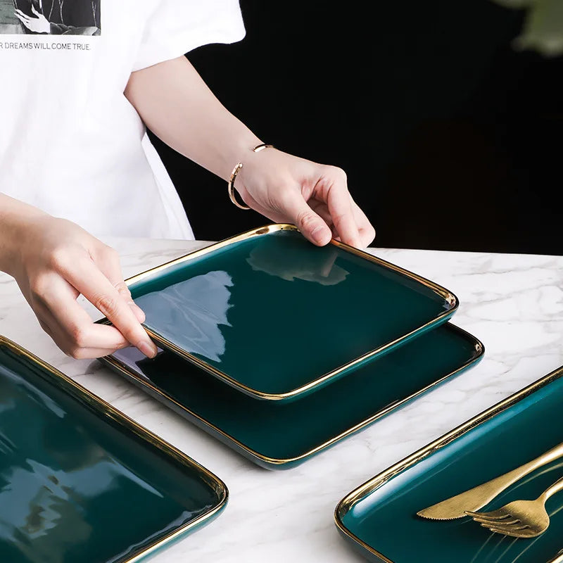 Square Green Ceramic Dinner Plate Gold Porcelain Dessert Bowl Set by Axya
