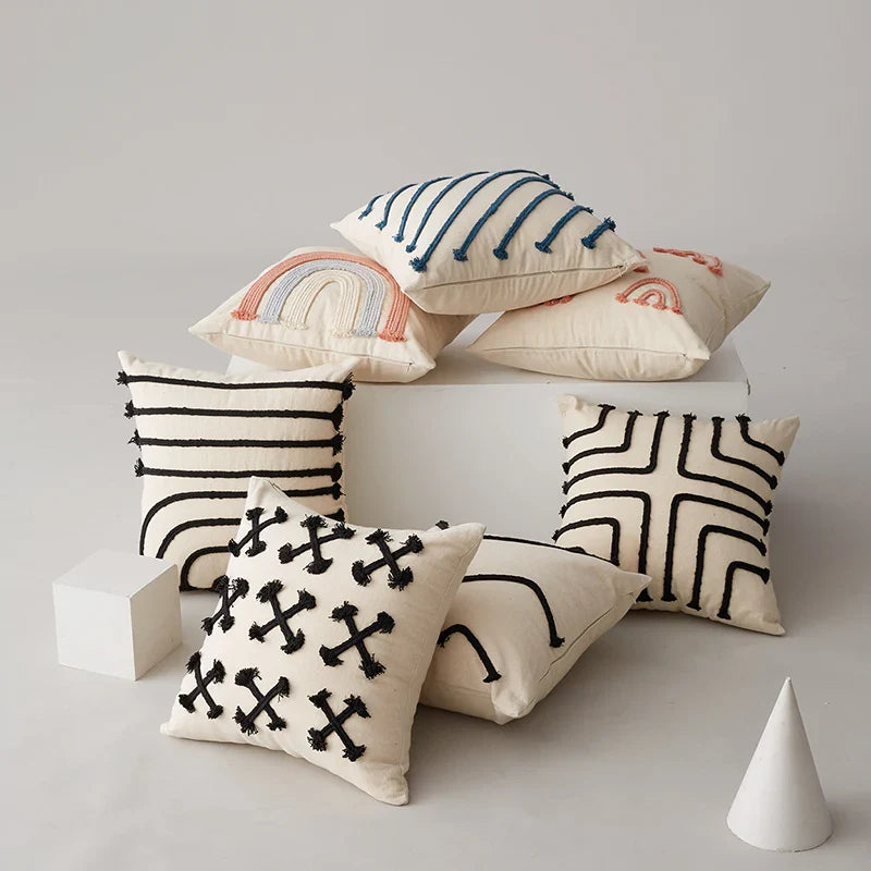 Rainbow Stripe Cushion Cover with Pink Rope Embroidery, 45x45cm, Axyaa