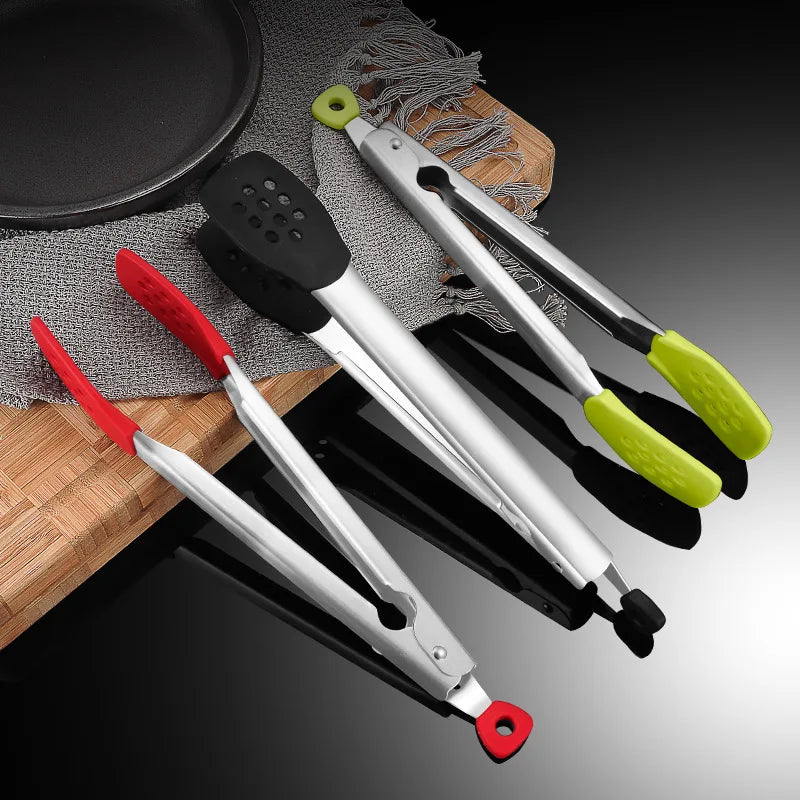 Axyaa Silicone Head Stainless Steel BBQ Grilling Tongs, Non-Stick Food Clamp