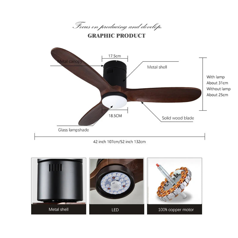 Axya Black Vintage Wood Ceiling Fan with Lights and Remote Control